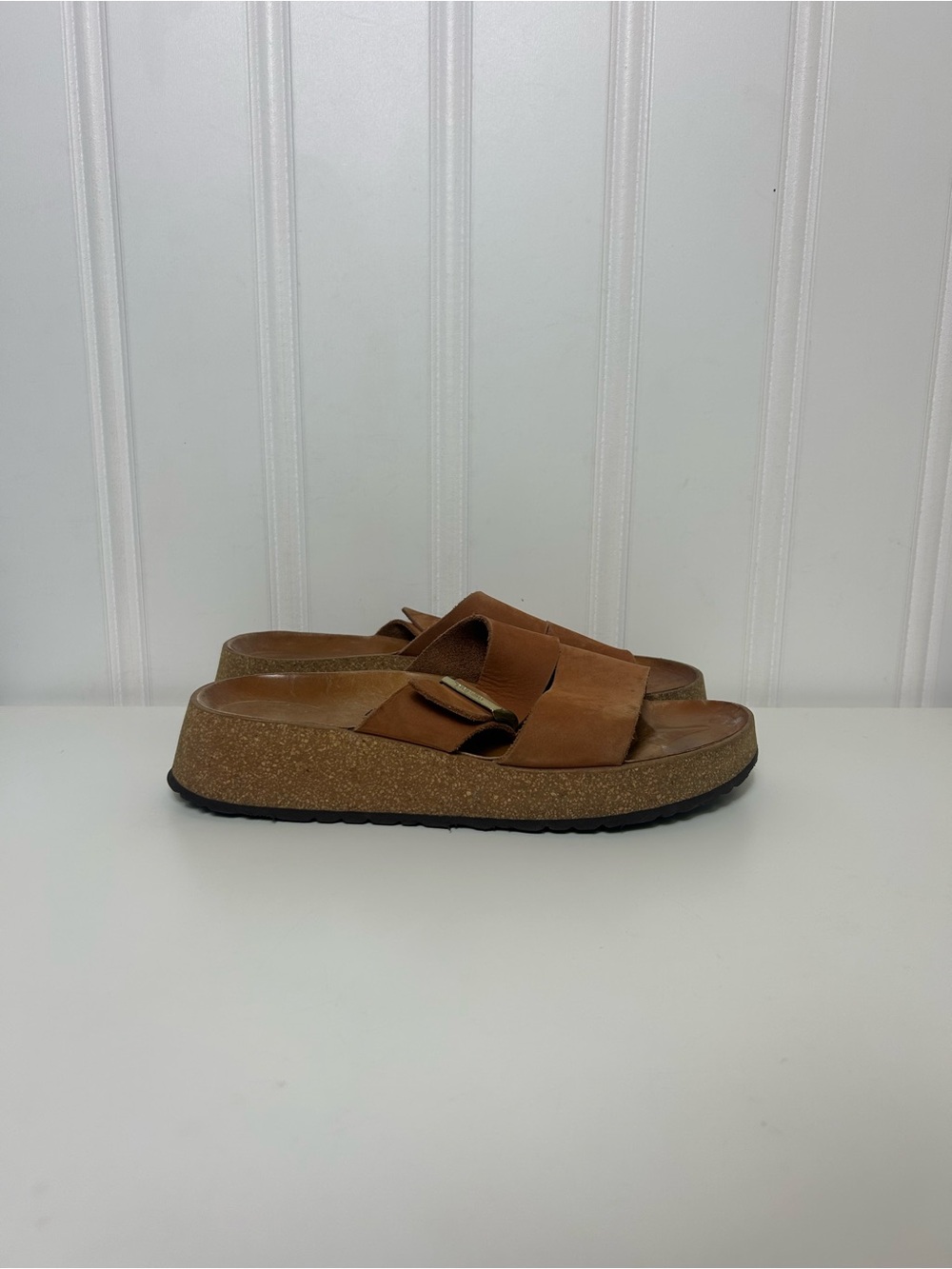 Papillio Birkenstock Almina nubuck brown tan leather platform sandals women 10